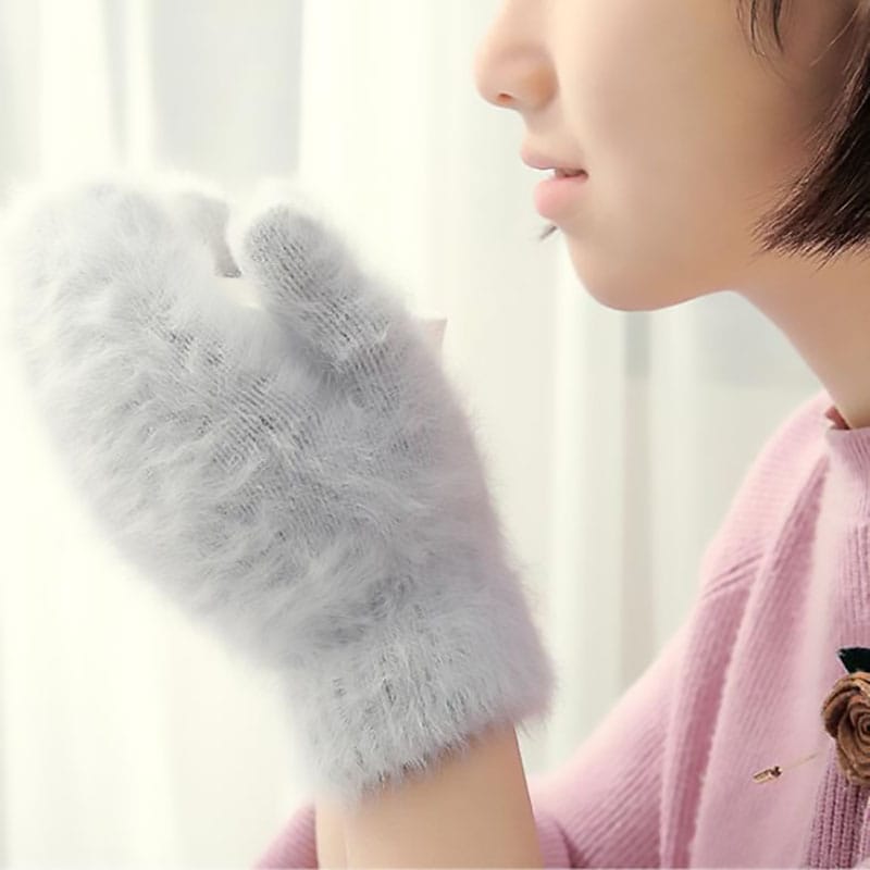 Fashion Women Winter Wool Gloves Rabbit Fur Mittens Thick Knitted Warm Full Fingers Gloves Girls Apparel Accessories