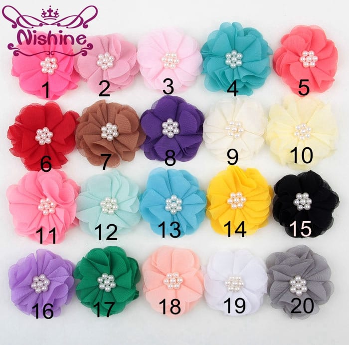 Nishine 30pcs/lot 2" Mini Chiffon Flower With Sew Pearl For Children Headband Hair Clips Flat Back DIY Apparel Cloth Accessories