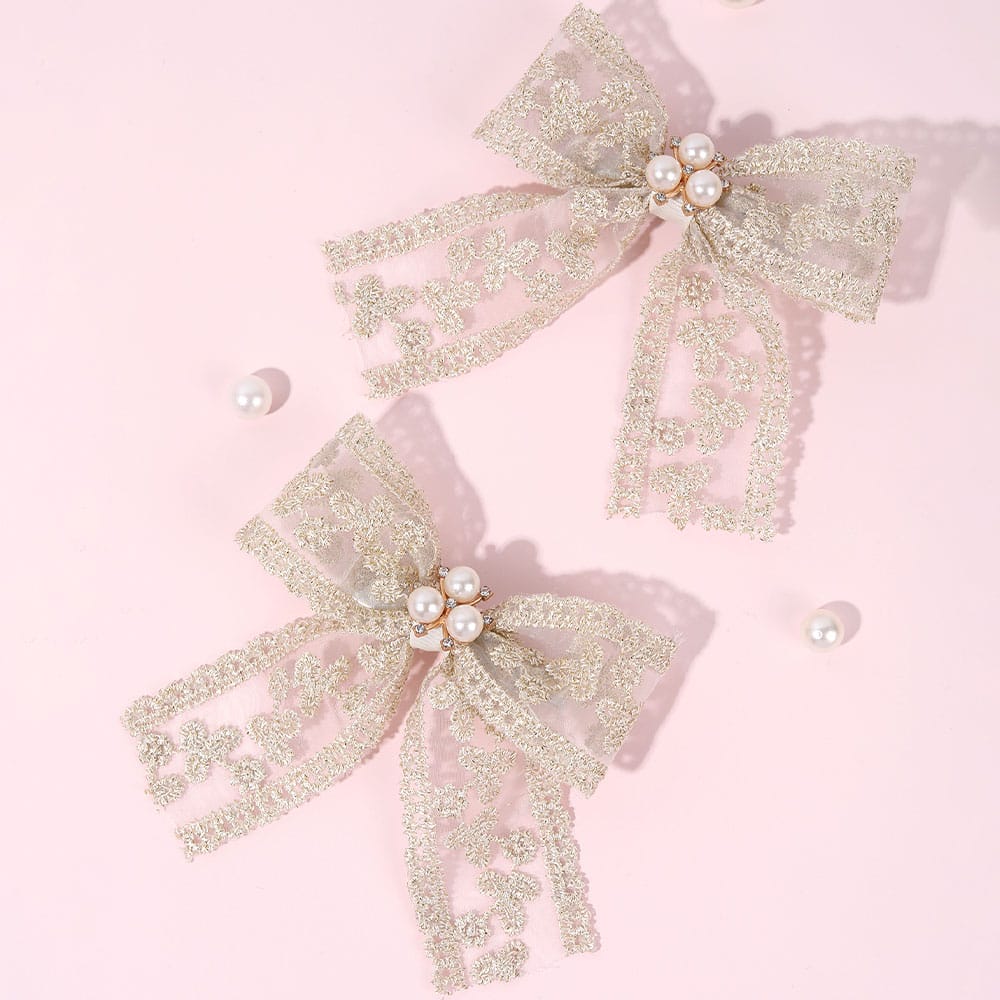 2Pcs Lace Hair Bows And Clips Embroidery Floral Bow Hairpin Sweet Pearl French Barrette Bows Hairgrips Kids Apparel Accessories