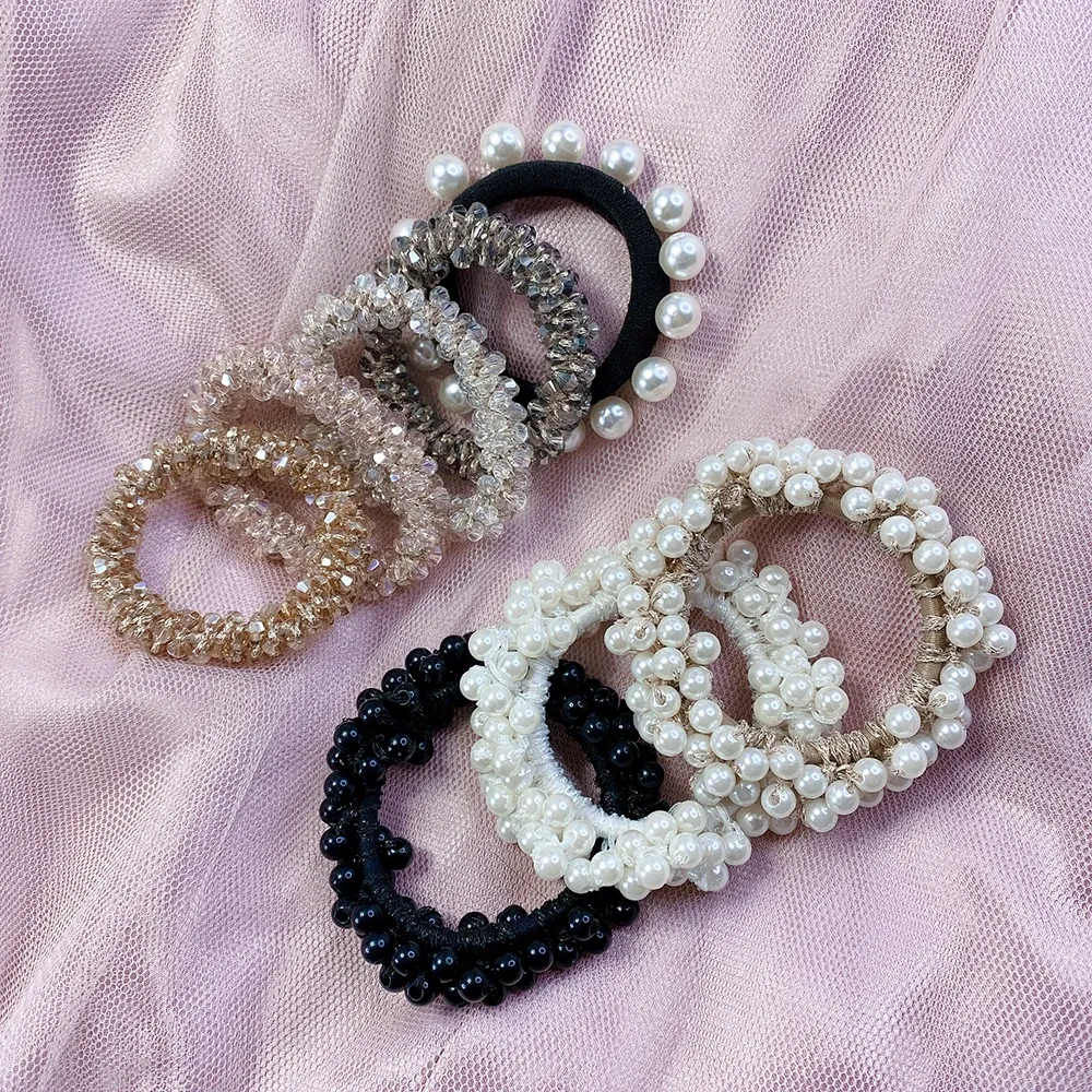 Crystal Hair Ornament Pearl Rubber Band Telephone Cord Head Rope Combination Bands New Headwear for Women Apparel Accessories