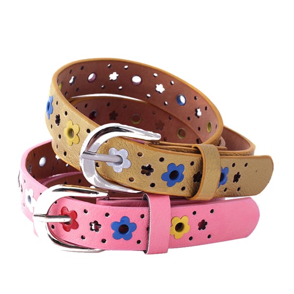 Child Hollow Flower Waistband Kids Cute Silver Buckle Belt Faux Leather Waist Belts Colorful Floral Apparel Belts Accessories