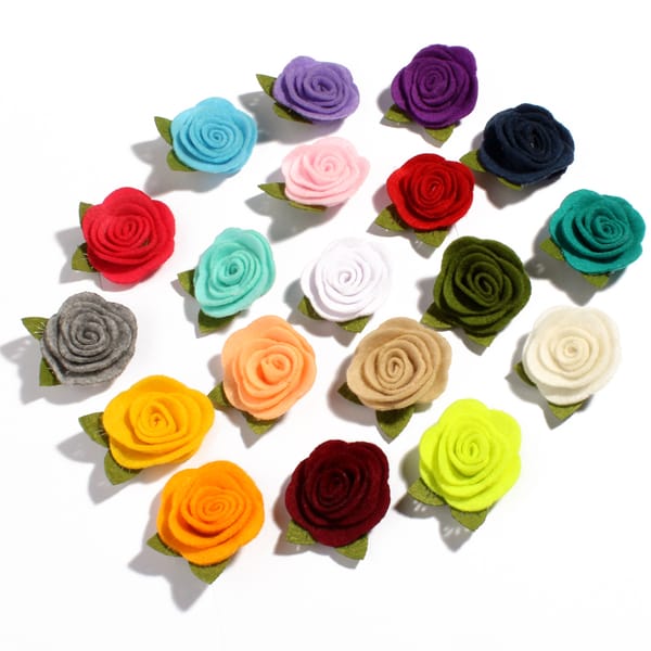 60PCS 5CM Felt Nonwovens Fabric Flower With Green Leaves For Headband Cute Rolled Rose Hair Flowers For Apparel Accessories