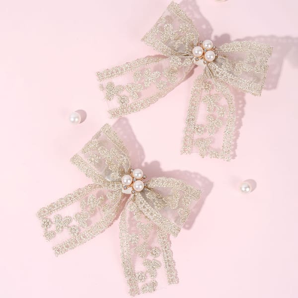 2Pcs Lace Hair Bows And Clips Embroidery Floral Bow Hairpin Sweet Pearl French Barrette Bows Hairgrips Kids Apparel Accessories