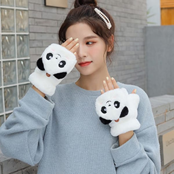 Finger Flip Gloves Cold Protection Gloves Autumn Winter Gloves Cartoon Panda  Gloves Women  Flip Gloves Apparel Accessories