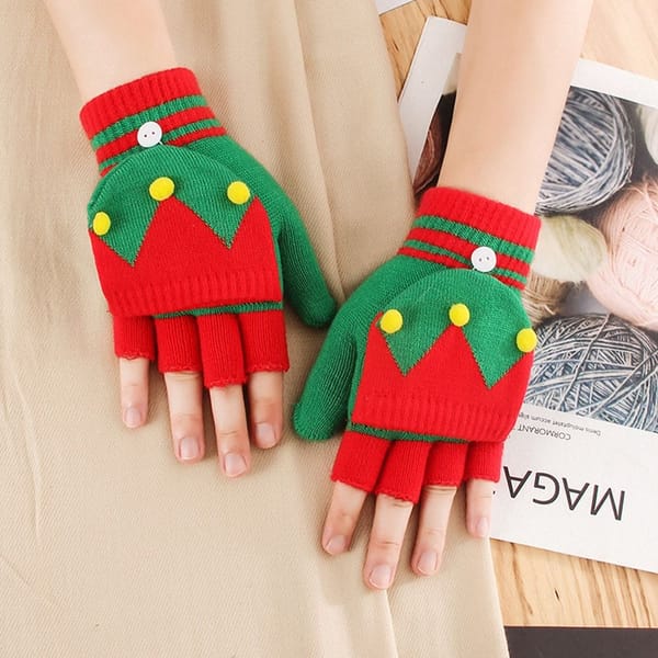 Half Finger Windproof Santa Claus Pattern Christmas Gloves Autumn Winter Gloves Women Knitted Flip Gloves Apparel Accessories