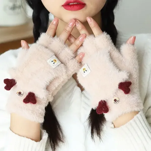 2023 Imitation Mink Cartoon Antlers Knit Mittens Women Flip Half Finger Glove Christmas Gifts Winter Student Write Warm Glove