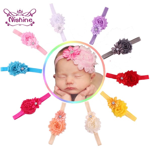 Nishine 10pcs/lot Chiffon Flower Baby Headband Girls Elastic Shabby Floral Solid Hair Band Apparel Accessories Cheveux Bebe